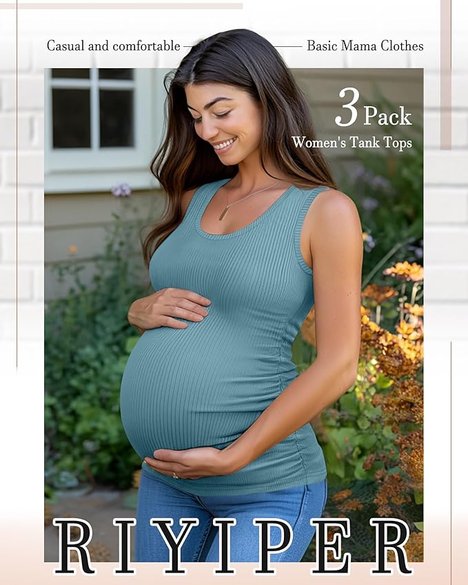 Riyiper 3 Pack Women's Maternity Tank Tops, Sleeveless Cotton Pregnancy Shirts Ribbed Knit Sides Ruched Basic Mama Clothes