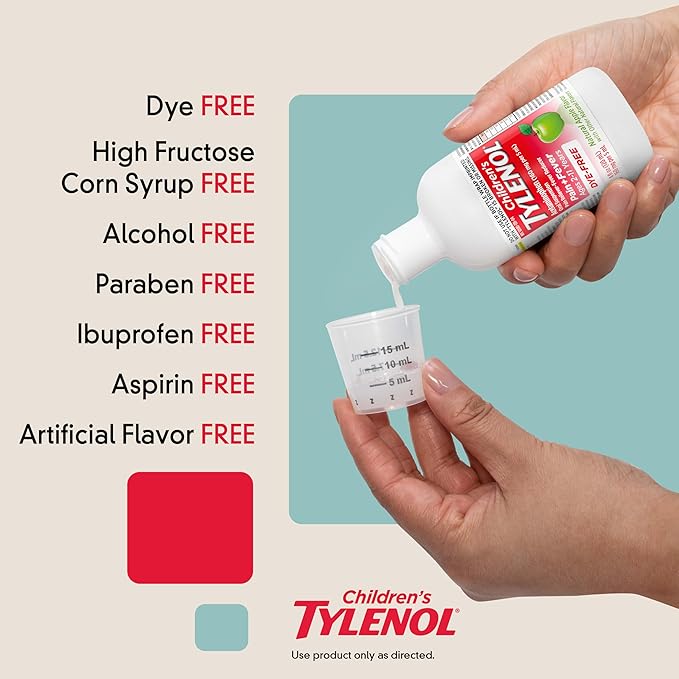 Children's Tylenol Liquid Pain Relief & Fever Medicine, Acetaminophen Oral Suspension, Free of Dyes, Aspirin, Ibuprofen, High Fructose Corn Syrup; Natural Apple Flavor, 4 fl. Oz