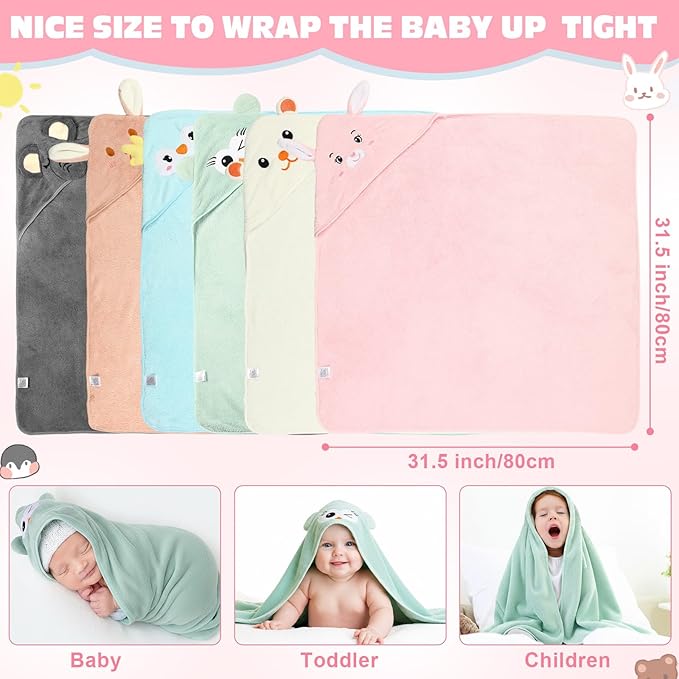 6 Pack Baby Hooded Towels Coral Fleece Baby Bath Towels 31.5 x 31.5 Inch Soft Absorbent Hooded Bath Blanket for Newborn Toddler Infant Boy Girl Shower Gift Supplies(Multicolor,Vivid)