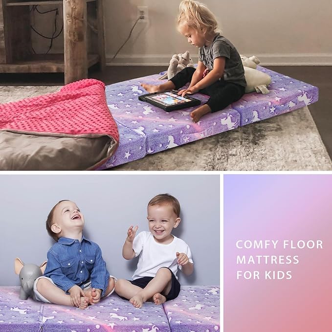 MeMoreCool Foldable Floor Mattress for Kids, Glow Unicorn Trifold Mat, Kids Folding Mattress Portable Futon, 57x22 Inch Purple