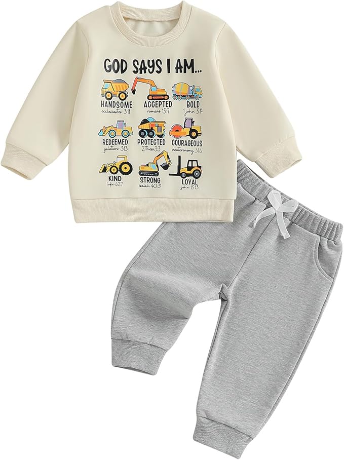 FOCUSNORM Toddler Baby Boy Fall Winter Outfit Excavator Embroidered Long Sleeve Sweatshirt Elastic Jogger Pant 2 Pcs Clothes