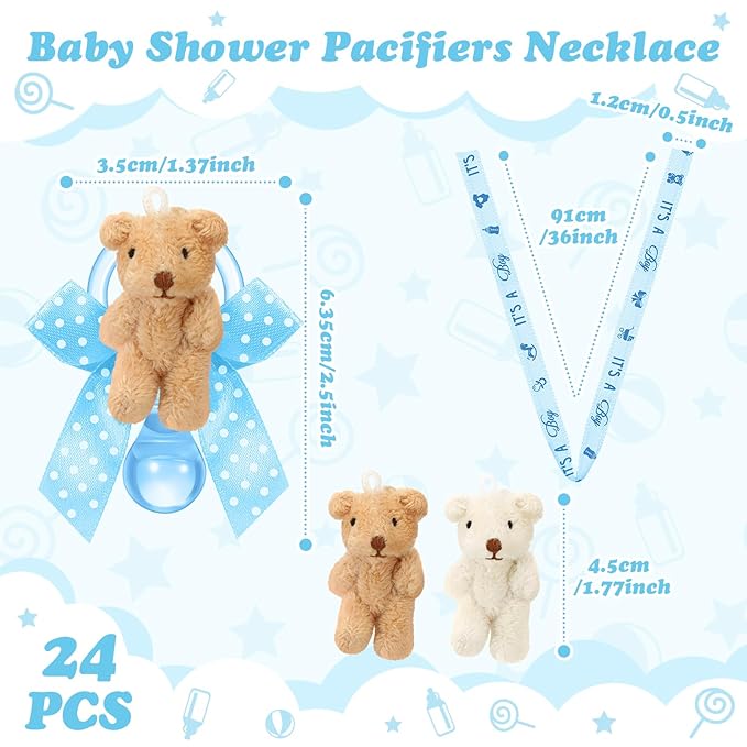Remuuly 24 Pcs Baby Shower Pacifier Necklaces with Plush Bears Its a Boy Acrylic Pacifier Necklaces for Guest Baby Shower Games Party Favors Gender Reveal Prize Table Scatter Decorations