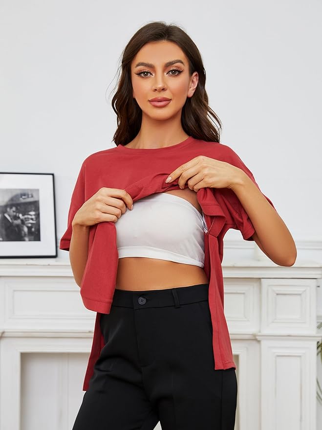 Ecavus Women's Casual Maternity Shirts Split Side Pregnancy Tops Blouses Short Sleeve Loose Fit Maternity Clothes