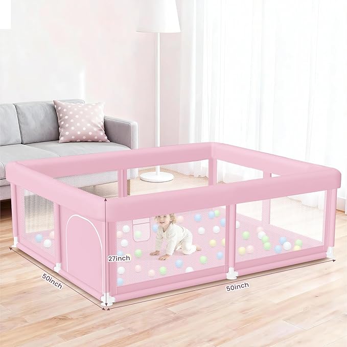 Large Baby Playpen 50"x50" Baby Girl Play Pen for Babies and Toddlers, Safe Structure and Soft, Skin-Friendly Fabric with Zipper Gates Pink