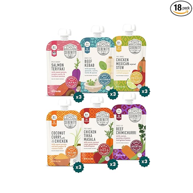 Serenity Kids 7+ Months World Explorers Baby Food Pouches - 3.5 oz, Pack of 18-40% DV Protein 5g Baby Protein Pouches - BPA-Free- Organic Veggies - Variety Pack