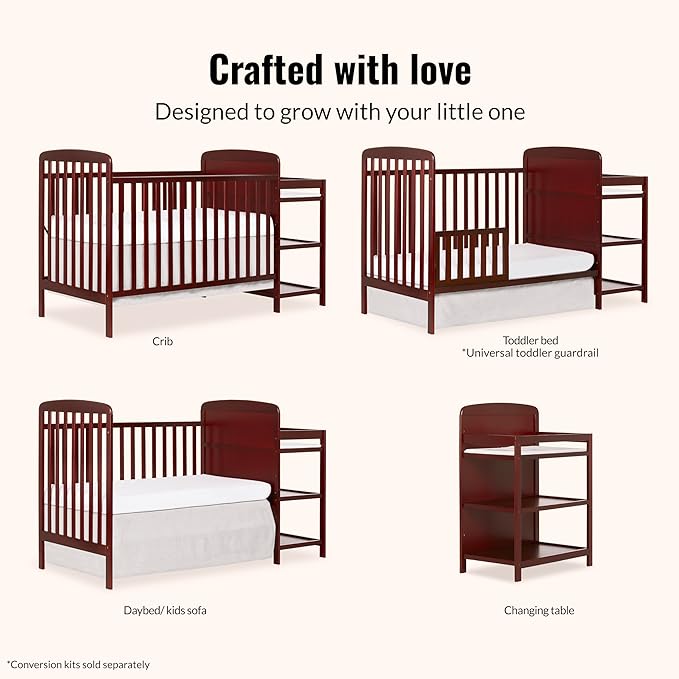 Dream On Me Anna 3-in-1 Convertible Full-Size Baby Crib & Changer with Storage in Cherry, GreenGuard Gold & JPMA, Pinewood, Converts to Day & Toddler Bed, 3 Mattress Heights, 1″ Changing Pad