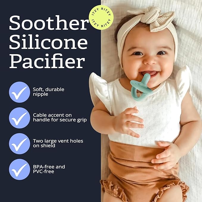 Itzy Ritzy Silicone Pacifiers for Newborn – Itzy Soother Pacifiers Feature Collapsible Handle & Two Air Holes for Added Safety – for Ages 0-6 Months, Set of 2 in Mint & White