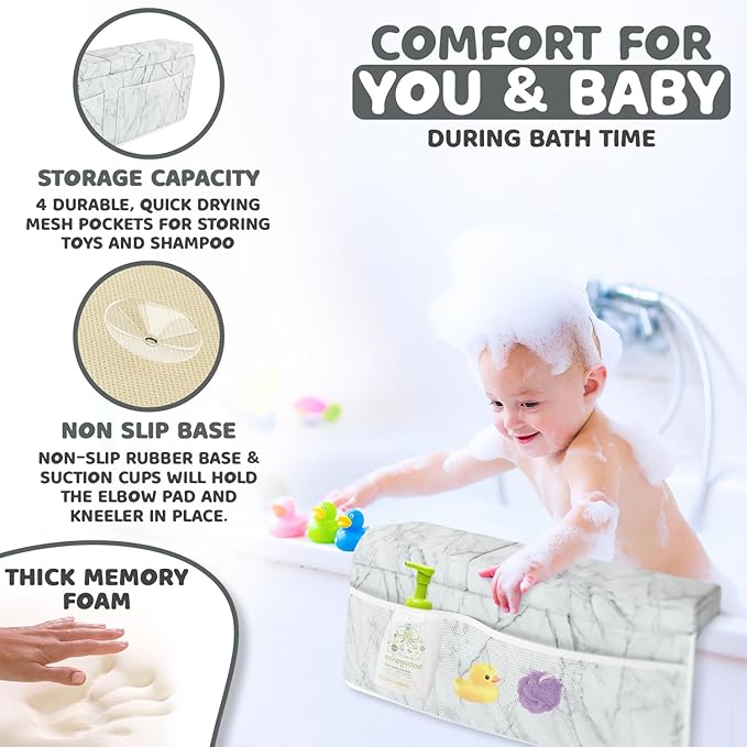 Sleepah Bath Kneeler and Elbow Kneeling Rest Pad Set for Baby Bathing – Waterproof Soft Memory Foam Mat Organizer Babies & Toddler Bathing Time Toys Sponge (Marble)