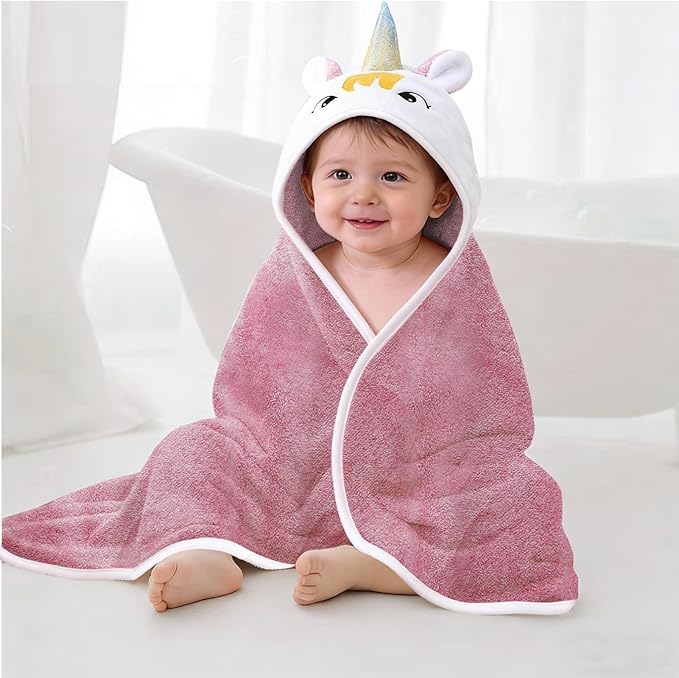 Super Soft Baby Hooded Towel, Cute Animal Bath Towels Ultra Absorbent 34x34 Inch for Newborn Infant,Toddler, (Unicorn) (Pink)