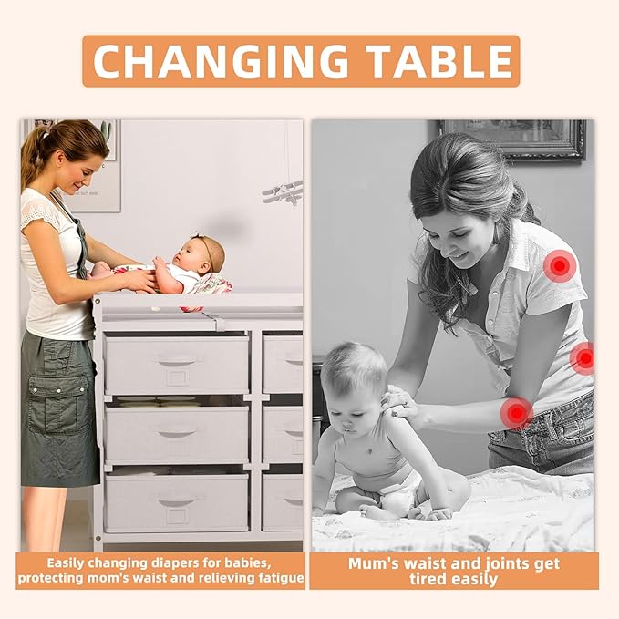 Glaf Baby Changing Table with 6 Storage Drawers and Pad Topper Modern Diaper Change Station Changing Table Dresser for Newborn Baby and Infant (White)
