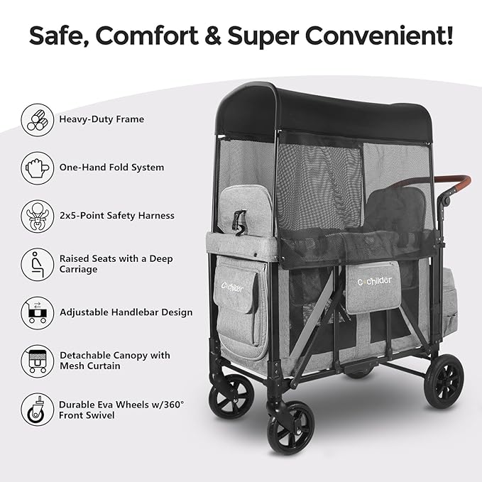 Elite 2 Seater Wagon Stroller for Kids, Foldable Stroller Wagon with Removable Seats & Canopy, 5-Point Safety Harness, Adjustable Handle, Light Grey