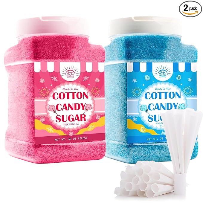 Cotton Candy Floss Sugar – Pink Vanilla & Blue Raspberry (2 Pack, 3 lb Each) | Premium Spun Sugar for Cotton Candy Machines | Perfect for Parties, Events & Home Use (2 Pack – 2 lb Jars + Cones)