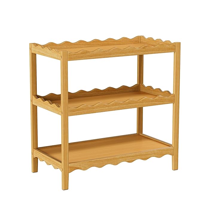 Baby Changing Table, Portable Changing Table, Compact and Lightweight, Solid New Zealand Pinewood, Two Storage Wave-Shaped Shelves, Nursery Organizer, Natural Wood
