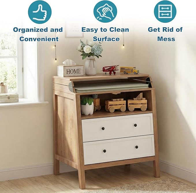 UbabyNest Baby Changing Table with Foldable Tabletop, Baby Dresser with 2 Wide Drawers & Open Storage Space, Modern Diaper Changing Station, Perfect for Nursery,White& Wood (Pad Not Included)