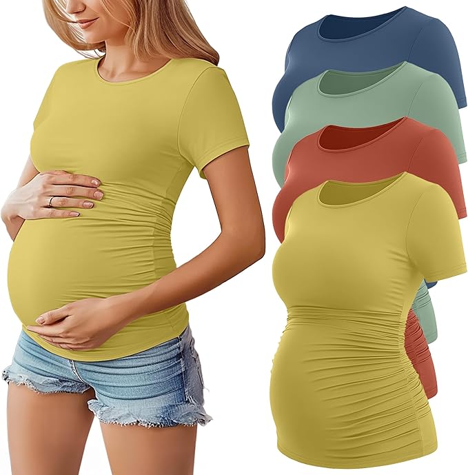 Huukeay 4 Pack Women's Maternity Shirts, Crew Neck Maternity Top Short Sleeve Casual Cotton Tee Side Ruched Pregnancy Clothes