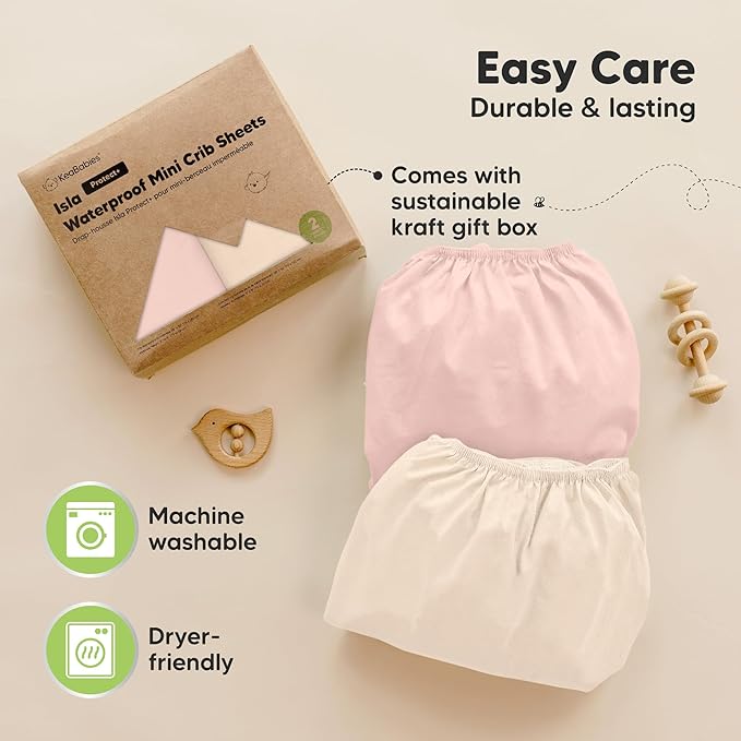2-Pack Waterproof Pack and Play Sheets, Mini Crib Sheets Fitted for Boy, Girl - 38 x 26 Viscose from Bamboo Pack N Play Mattress Sheets for Graco, Toddler Playard Baby Crib Sheets Neutral (Cameo)
