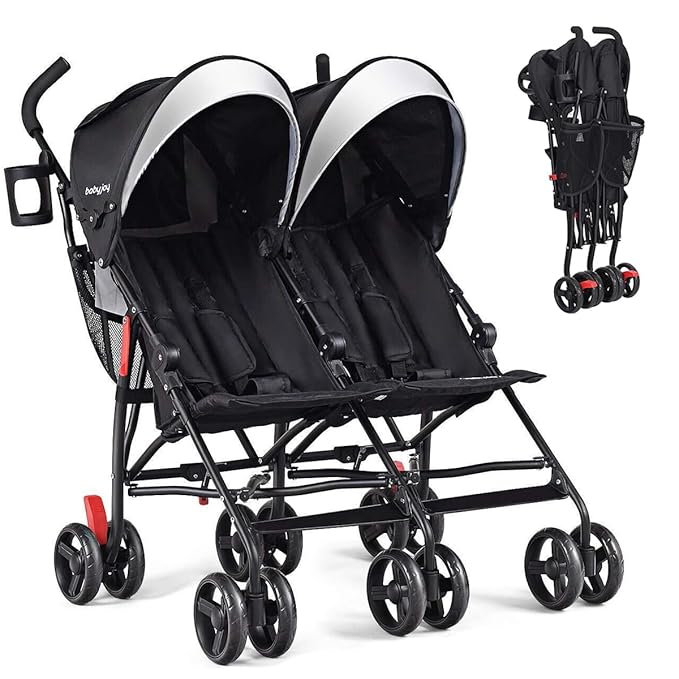 BABY JOY Double Umbrella Stroller, Lightweight Travel Side by Side Twin Stroller with Large Storage, Cup Holder, 5-Point Safety Harness, Adjustable Canopy & Compact Fold for Infant and Toddler (Black)