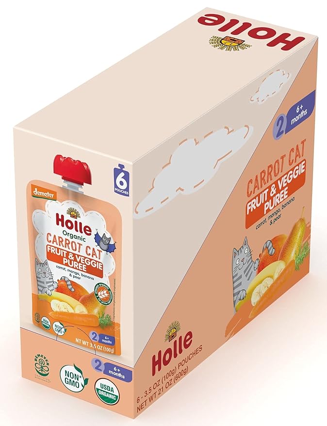Holle Organic Baby Food Pouches - Carrot Cat Baby Puree with Carrot, Mango, Banana & Pear - (6 Pack) Organic Baby Snacks + Fruit and Veggie Pouches for Weaning Babies 6 Months and Older