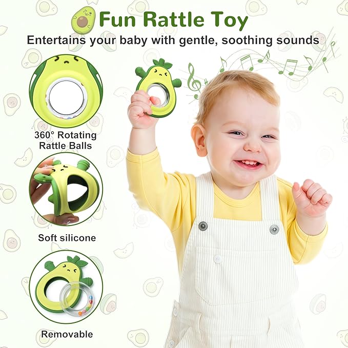 Teething Toy for Babies, Silicone Avocado Shape with Rattle Teether for Infants, Sensory Chew Toys Teething Relief for Boys and Girls, BPA Free