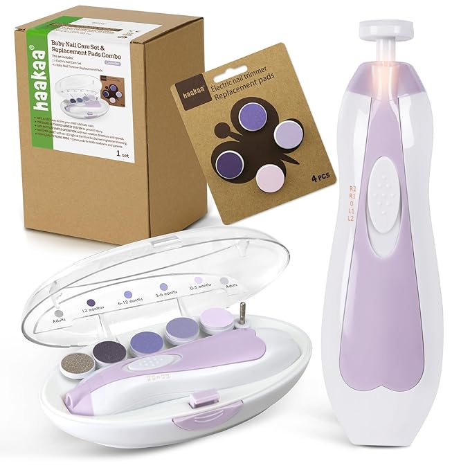 haakaa Baby Nail Trimmer Electric Baby Nail Clippers Kit for Newborn, Toddler or Adults Fingernails and Toenails Care, Baby Nail Care Set & Extra 4 Replacement Pads Combo - Lavender