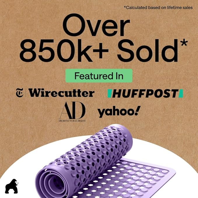GORILLA GRIP Patented Bath Tub Shower Mat, Machine Washable Bathtub Floor Liner Mats, Suction Cups and Drain Holes to Keep Tubs Clean, Soft on Feet, Bathroom Essentials, 35x16 Inch, Purple Opaque