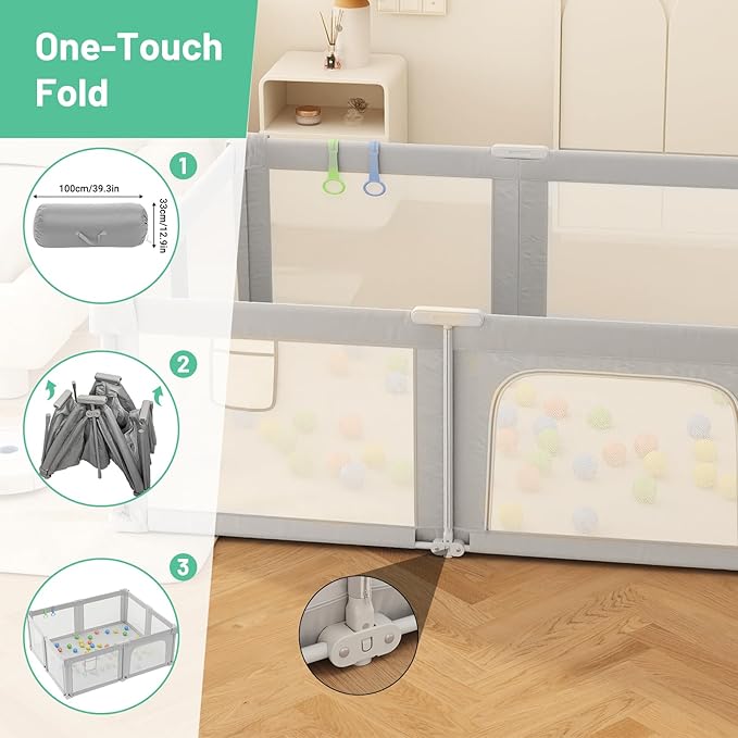 Baby Playpen, 73" x 61" Large Foldable Playpen with Mat for Babies and Toddlers, Play Pen with Soft Breathable Mesh, Ocean Balls and Pull Links, Baby Playard for Indoor & Outdoor, Gray