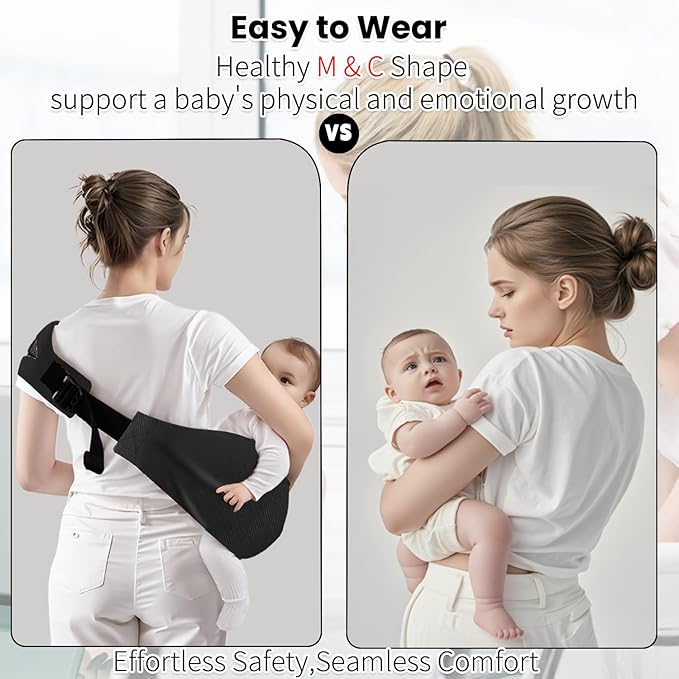 Baby Sling Carrier for Toddler, Baby Sling, Adjustable Front & Back with Non-Slip Hip Seat, Portable Lightweight & Breathable Ergonomic Design, Travel-Friendly Safe Carrier for 10-60 lbs (Black)