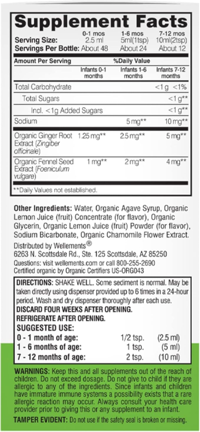 Wellements Organic Gripe Water | Relieves Occasional Stomach Discomfort from Baby Gas, Colic, Hiccups and Fussiness | Certified Organic and Non-GMO | No Artificial Flavors | 4 Fl Oz. | Ages Newborn+