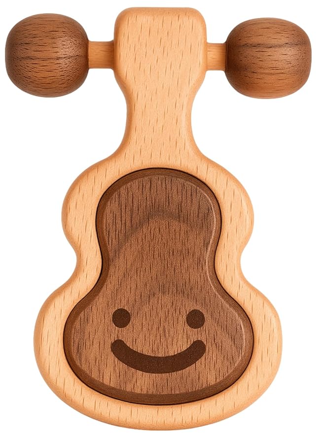 Wooden Guitar Teether Rattle for Babies | Natural Beechwood & Walnut Wood | Non-Toxic Organic Teething Toy | 0-12 Months | ASTM EN71 CPSC Certified | Gift for Baby Shower