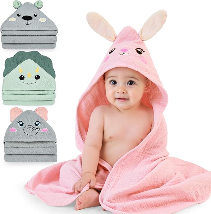 FIOBEE Hooded Baby Towels 100% Muslin Baby Bath Towels for Newborn with Animal Design Ultra-Soft and Absorbent Bath Essentials for Toddler, Unisex Girls Boys 30 x 30 inch, Pink Bunny