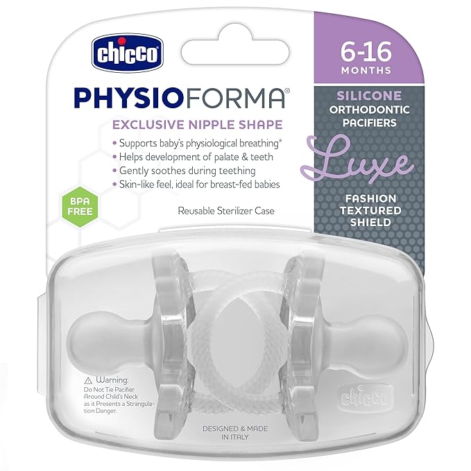 Chicco PhysioForma Luxe Orthodontic Pacifier, 6-16m | 100% Soft Silicone | Supports Breathing & Oral Development | Textured Shield & Handle | Includes Sterilizing Case | BPA Free | Crystal, 2pk