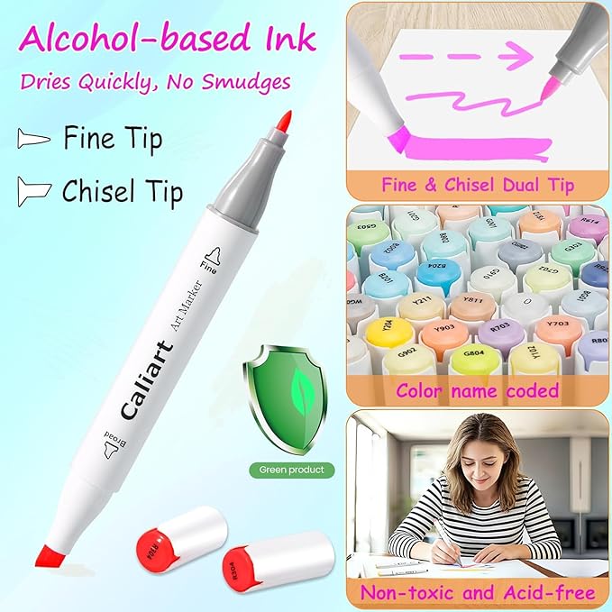 Caliart Markers, 100 Colors Dual Tip Art Markers Sketch Pens Permanent Alcohol Based, with Case for Adults Artists Drawing Illustration Sketching Coloring (White Barrel)