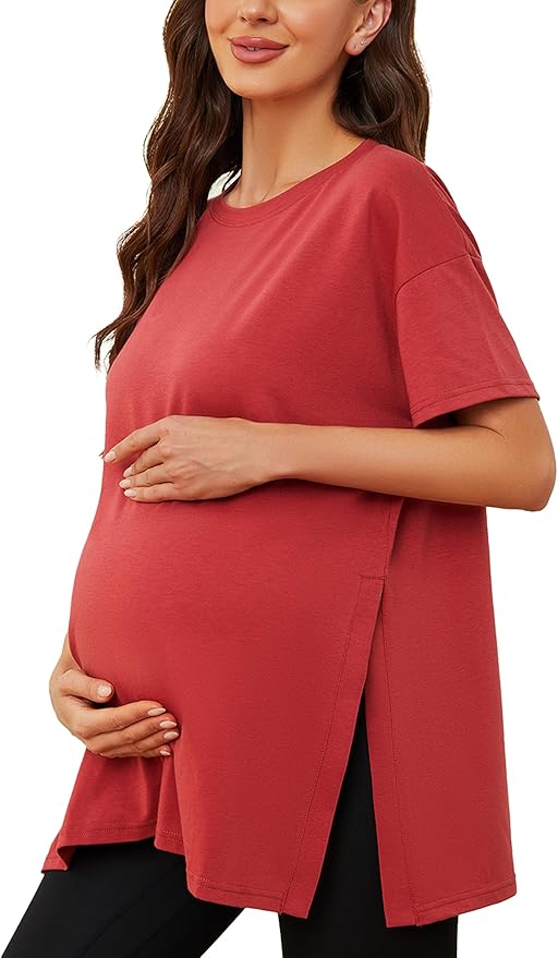 Ecavus Women's Casual Maternity Shirts Split Side Pregnancy Tops Blouses Short Sleeve Loose Fit Maternity Clothes