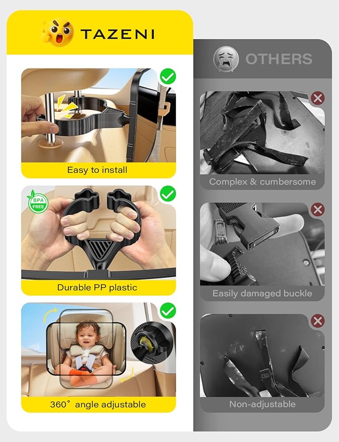 Baby Car Mirror Hook Design Ultra Stable Car Seat Mirror for Baby Rear Facing Secure and Shatterproof CarSeat Mirrors 360° Clear View Newborn Essential Accessories