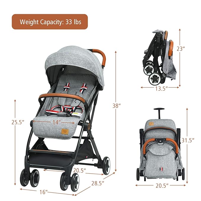 BABY JOY Lightweight Baby Stroller, Compact Toddler Travel Stroller for Airplane with 5-Point Harness, Adjustable Backrest/Footrest/Canopy, Storage Basket, Easy One-Hand Fold, Gray