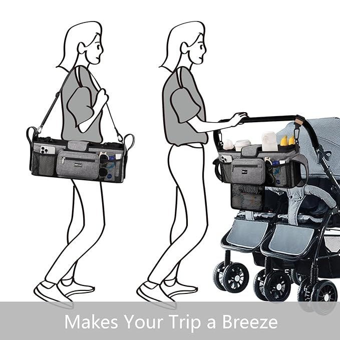 TOPDesign Universal Baby Stroller Organizer, Double Stroller Caddy with Detachable Mesh Bag & Heightened Insulated Cup Holders & Non-Slip Secure Hooks Accessories, Fits Most Strollers (Grey)