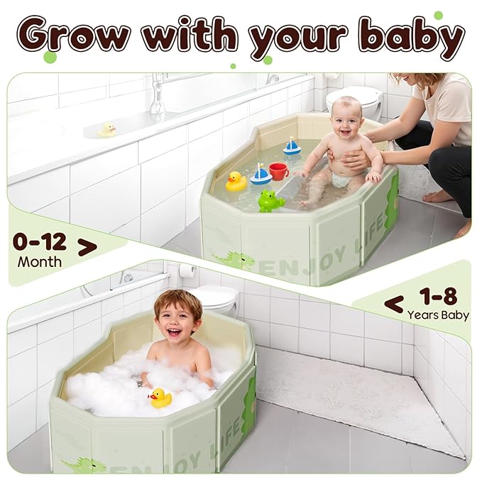 Collapsible Baby Bathtub for Shower, Portable Foldable Toddler Bath Tub with Non-Slip Base, Compact Travel Essentials for Kids & Infants, Easy Storage in Small Spaces, Dinosaur Pattern