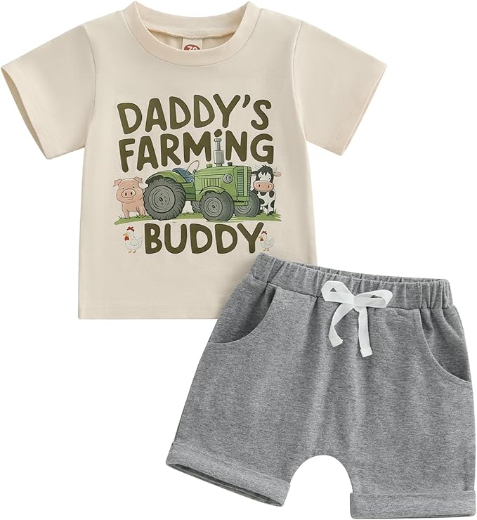 Toddler Baby Boy Clothes Summer Short Sleeve Trucks Tractors Print T-Shirt Tops Solid Color Shorts Set Casual Outfit