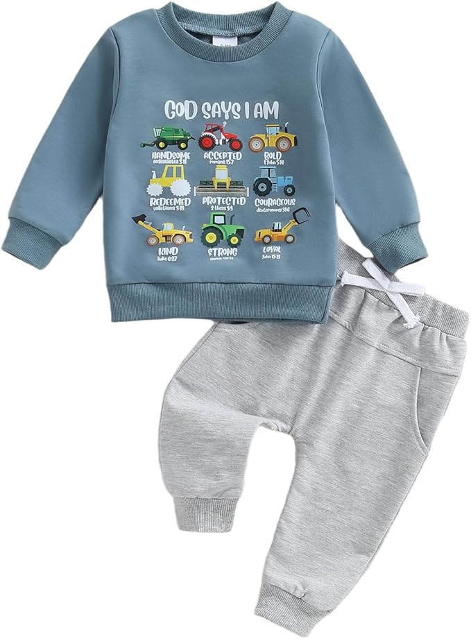 Baby Boy Fall Clothes Set Long Sleeve Truck Tractor Print Sweatshirt Pants Toddler Infant Outfits 6 12 18 24 Months 2T