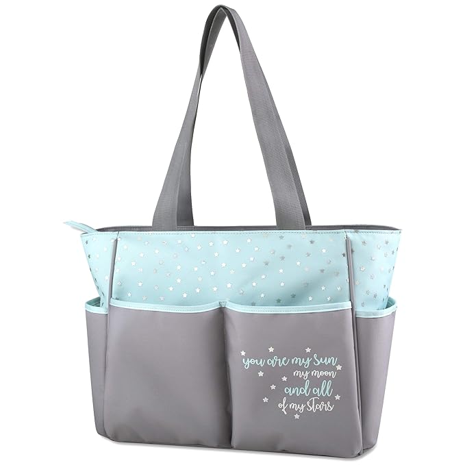 Baby Essentials Diaper Bag Tote 5 Piece Set with Sun, Moon, and Stars, Wipes Pocket, Dirty Diaper Pouch, Changing Pad (Grey/Aqua)