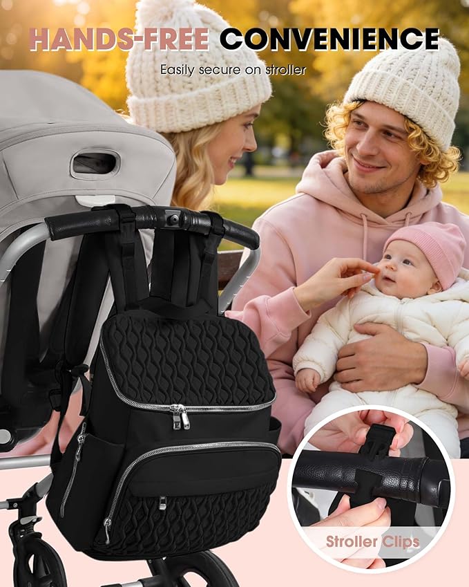 Baby Diaper Bag Backpack, Expandable Baby Bag for Girl Boy, Travel Diaper Backpack with Insulated Pocket, Changing Pad, Quilted Diaper Bag for Mom Dad, Newborn Baby Essentials Must Have Black