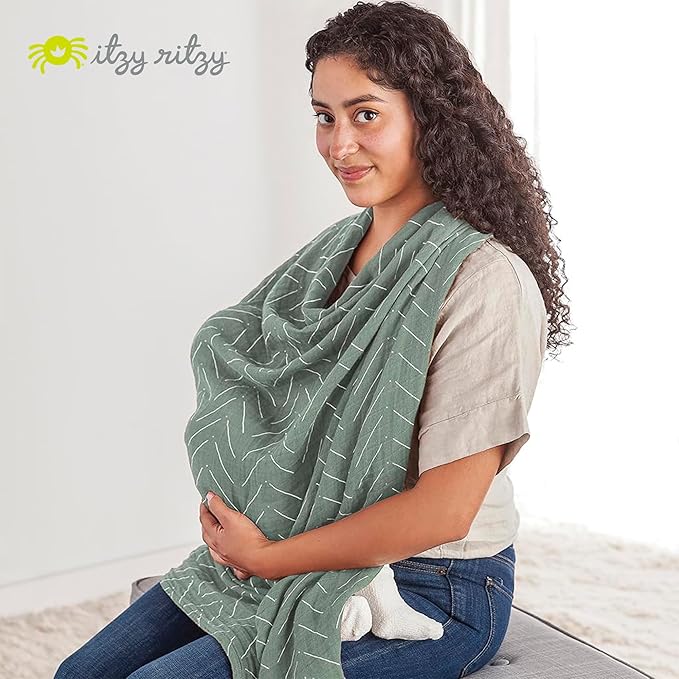 Itzy Ritzy Breastfeeding Boss Multi-Use Cover – A Nursing Cover, Swaddle, Car Seat Wrap, Tummy Time Mat & Burp Cloth All in One – Made of Soft Muslin Fabric & Measures 47” x 47” (Sage Mudcloth)