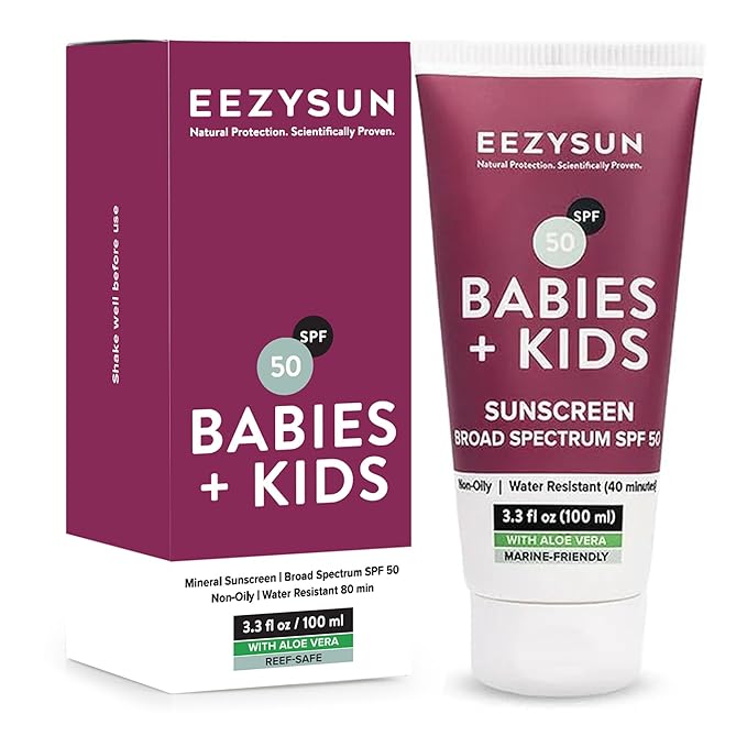 SPF 50 Mineral Sunscreen for Kids & Babies - Non-Greasy, Water Resistant, Gentle for Sensitive Skin Baby Sunscreen with Aloe Vera - Cruelty-Free - Sun Protection for Face & Body - 3.3 fl oz