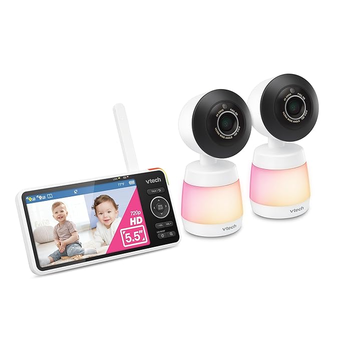 VTech 2-Cameras Smart WiFi Baby Monitor, 2K CMOS Sensor Camera, 5.5-inch HD IPS Screen, Split-Screen, Clear Infrared Night Vision, Pan-Tilt, 24x Zoom, 2-Way Talk, Free App: Smart HD Plus Twin