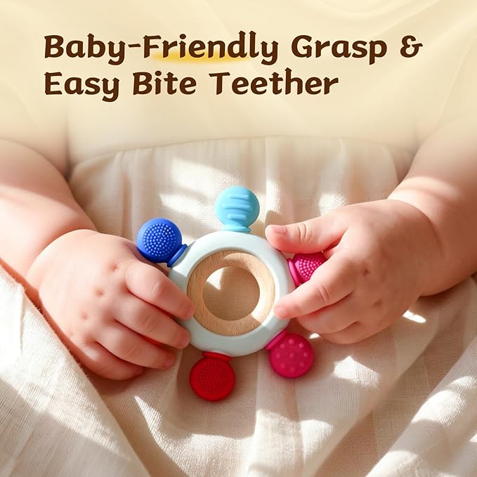 3 Packs Teether Rings for 0-6 6-12 Months Babies, Teething Toys with Pacifier Clip Holder, Baby Chew Toys for Sucking Needs, Baby Essentials