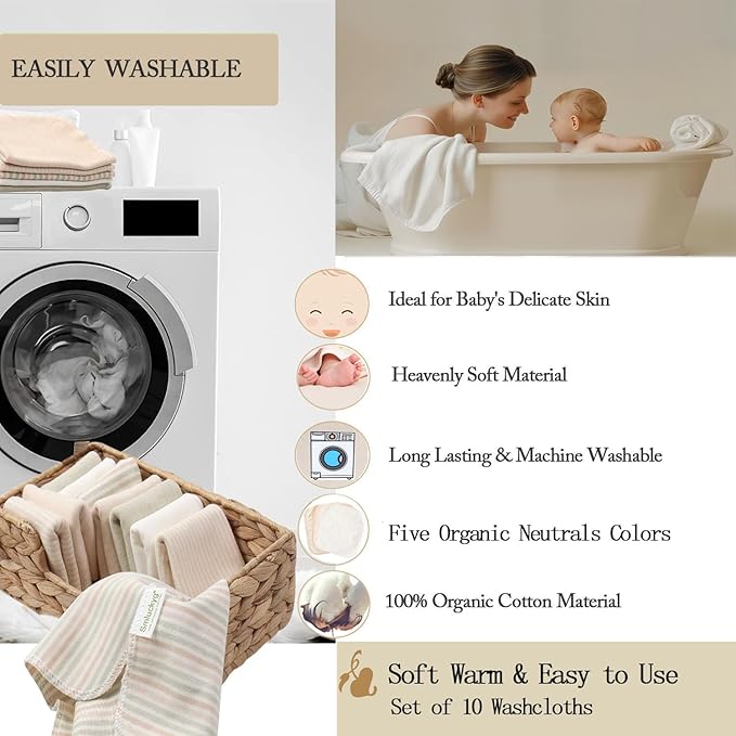Organic Cotton Baby Washcloths - 10 Pack | Ultra-Soft Newborn Face Bath Towel - Reusable Baby Wipes for Delicate Skin Thin & Lightweight (Multicolor)