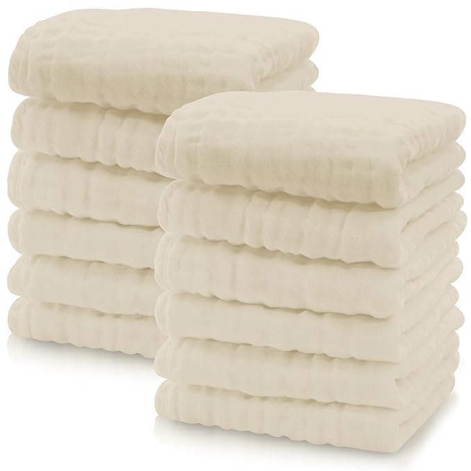 Cute Castle 12 Pack Muslin Baby Washcloths - Large 12'' by 12'' - Ultra Soft 100% Cotton - Super Absorbent Burp Cloths for Unisex, Boy, Girl -Ivory