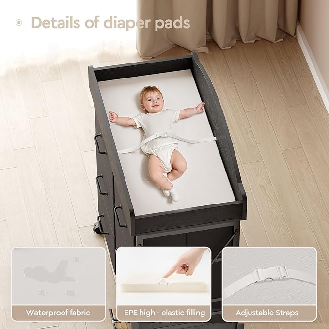 Baby Changing Table Dresser with Wheels, 6-Fabric Drawer Baby Dresser with Changing Table Top, Waterproof Diaper Changing Station & Pad, Mobile Storage Unit, Compact Baby Furniture, Black