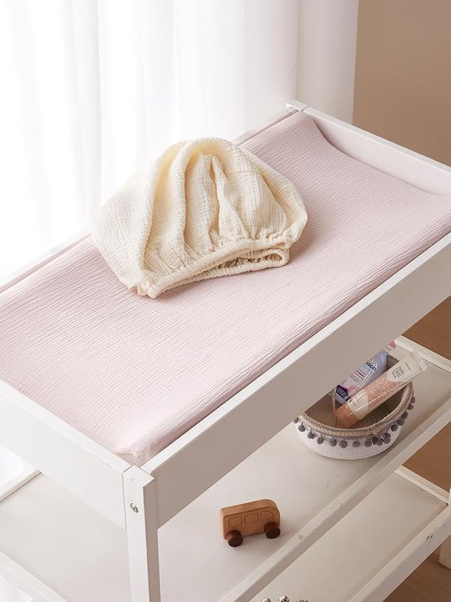TILLYOU Muslin Changing Pad Cover for Baby Girls Boys, Soft and Breathable Cotton Diaper Changing Table Cover, 2 Pack(Pink&Apricot)