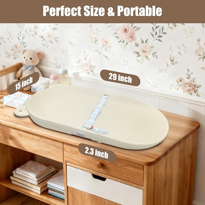 Baby Changing Pad, EVA Waterproof Non-Slip Changing Table Pad with Adjustable Strap for Dresser Changing Table Nursery, Portable Diaper Changing Pad, Oat
